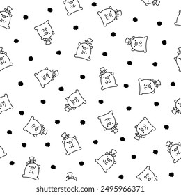 Cute kawaii little pig. Seamless pattern. Coloring Page. Smiling nice cartoon animal character. Hand drawn style. Vector drawing. Design ornaments.