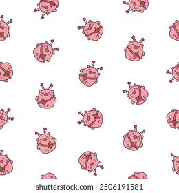 Cute kawaii little pig. Seamless pattern. Smiling nice cartoon animal character. Hand drawn style. Vector drawing. Design ornaments.