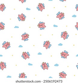 Cute kawaii little pig. Seamless pattern. Smiling nice cartoon animal character. Hand drawn style. Vector drawing. Design ornaments.