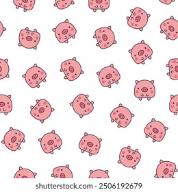 Cute kawaii little pig. Seamless pattern. Smiling nice cartoon animal character. Hand drawn style. Vector drawing. Design ornaments.