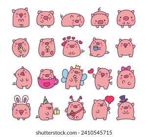 Cute kawaii little pig. Smiling nice cartoon animal character. Hand drawn style. Vector drawing. Collection of design elements.