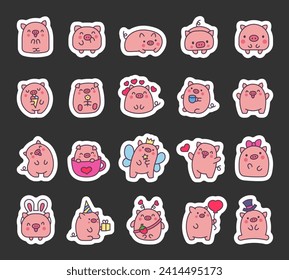 Cute kawaii little pig. Sticker Bookmark. Smiling nice cartoon animal character. Hand drawn style. Vector drawing. Collection of design elements.