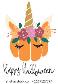 Cute kawaii little pumpkin head with unicorn decoration vector art. Flat children scandinavian hand drawn illustration. Graphic design card print. Happy Halloween lettering.