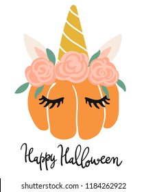 Cute kawaii little pumpkin head with unicorn decoration vector art. Flat children scandinavian hand drawn illustration. Graphic design card print. Happy Halloween lettering.