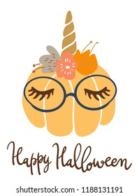 Cute kawaii little pumpkin head with unicorn decoration vector art. Flat children scandinavian hand drawn illustration. Graphic design card print. Happy Halloween lettering.