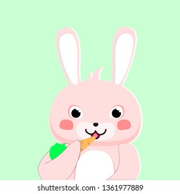Cute kawaii little rabbit eating carrot. Happy Easter. Vector illustration.