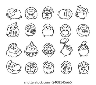 Cute kawaii little sheep. Coloring Page. Smiling nice animal character. Hand drawn style. Vector drawing. Collection of design elements.