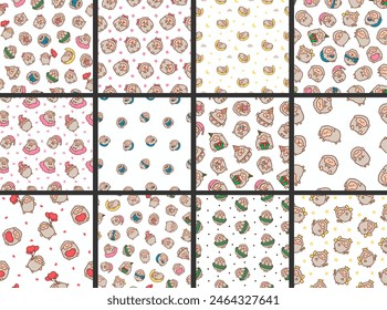 Cute kawaii little sheep. Seamless pattern. Smiling nice animal character. Hand drawn style. Vector drawing. Collection of design ornaments.