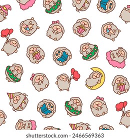 Cute kawaii little sheep. Seamless pattern. Smiling nice animal character. Hand drawn style. Vector drawing. Design ornaments.