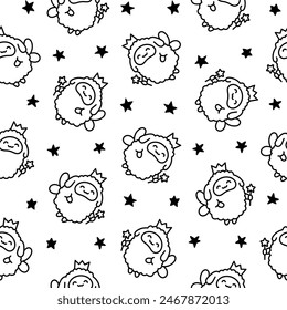 Cute kawaii little sheep. Seamless pattern. Coloring Page. Smiling nice animal character. Hand drawn style. Vector drawing. Design ornaments.