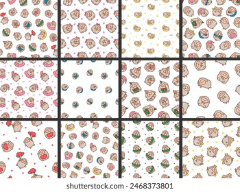 Cute kawaii little sheep. Seamless pattern. Coloring Page. Smiling nice animal character. Hand drawn style. Vector drawing. Collection of design ornaments.