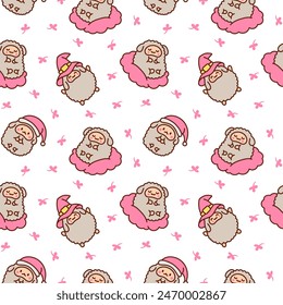 Cute kawaii little sheep. Seamless pattern. Smiling nice animal character. Hand drawn style. Vector drawing. Design ornaments.