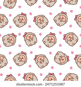 Cute kawaii little sheep. Seamless pattern. Smiling nice animal character. Hand drawn style. Vector drawing. Design ornaments.