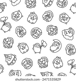 Cute kawaii little sheep. Seamless pattern. Coloring Page. Smiling nice animal character. Hand drawn style. Vector drawing. Design ornaments.