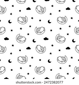 Cute kawaii little sheep. Seamless pattern. Coloring Page. Smiling nice animal character. Hand drawn style. Vector drawing. Design ornaments.