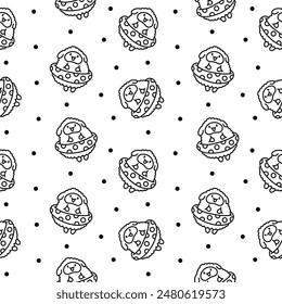 Cute kawaii little sheep. Seamless pattern. Coloring Page. Smiling nice animal character. Hand drawn style. Vector drawing. Design ornaments.