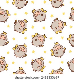 Cute kawaii little sheep. Seamless pattern. Smiling nice animal character. Hand drawn style. Vector drawing. Design ornaments.