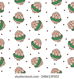 Cute kawaii little sheep. Seamless pattern. Smiling nice animal character. Hand drawn style. Vector drawing. Design ornaments.