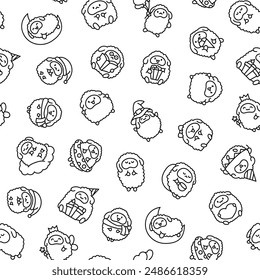 Cute kawaii little sheep. Seamless pattern. Coloring Page. Smiling nice animal character. Hand drawn style. Vector drawing. Design ornaments.