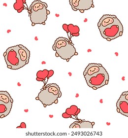 Cute kawaii little sheep. Seamless pattern. Smiling nice animal character. Hand drawn style. Vector drawing. Design ornaments.