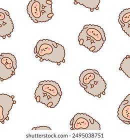 Cute kawaii little sheep. Seamless pattern. Smiling nice animal character. Hand drawn style. Vector drawing. Design ornaments.