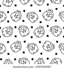 Cute kawaii little sheep. Seamless pattern. Coloring Page. Smiling nice animal character. Hand drawn style. Vector drawing. Design ornaments.