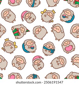 Cute kawaii little sheep. Seamless pattern. Smiling nice animal character. Hand drawn style. Vector drawing. Design ornaments.