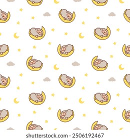 Cute kawaii little sheep. Seamless pattern. Smiling nice animal character. Hand drawn style. Vector drawing. Design ornaments.