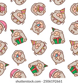 Cute kawaii little sheep. Seamless pattern. Smiling nice animal character. Hand drawn style. Vector drawing. Design ornaments.