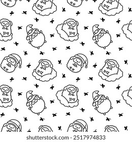 Cute kawaii little sheep. Seamless pattern. Coloring Page. Smiling nice animal character. Hand drawn style. Vector drawing. Design ornaments.