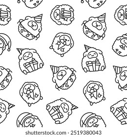 Cute kawaii little sheep. Seamless pattern. Coloring Page. Smiling nice animal character. Hand drawn style. Vector drawing. Design ornaments.