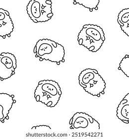 Cute kawaii little sheep. Seamless pattern. Coloring Page. Smiling nice animal character. Hand drawn style. Vector drawing. Design ornaments.