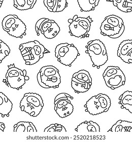 Cute kawaii little sheep. Seamless pattern. Coloring Page. Smiling nice animal character. Hand drawn style. Vector drawing. Design ornaments.