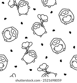 Cute kawaii little sheep. Seamless pattern. Coloring Page. Smiling nice animal character. Hand drawn style. Vector drawing. Design ornaments.