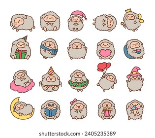 Cute kawaii little sheep. Smiling nice animal character. Hand drawn style. Vector drawing. Collection of design elements.