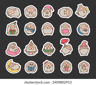 Cute kawaii little sheep. Sticker Bookmark. Smiling nice animal character. Hand drawn style. Vector drawing. Collection of design elements.