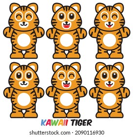 Cute Kawaii little tiger making facial expressions. Vector illustration