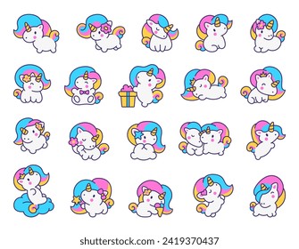 Cute kawaii kleines Einhorn. Märchenhafte Cartoon-Happy-Charaktere. Handgezeichnet. Vektorgrafik. Sammlung von Design-Elementen.