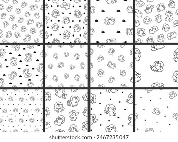Cute kawaii little unicorn. Seamless pattern. Coloring Page. Fairy tale cartoon happy pony characters. Hand drawn style. Vector drawing. Collection of design ornaments.