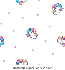 Lindo unicornio kawaii. Patrón sin costuras. Cuento de hadas de dibujos animados de personajes de pony feliz. Estilo dibujado a mano. Dibujo de Vector. Diseñar adornos.