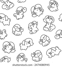 Cute kawaii little unicorn. Seamless pattern. Coloring Page. Fairy tale cartoon happy pony characters. Hand drawn style. Vector drawing. Design ornaments.