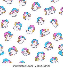 Cute kawaii little unicorn. Seamless pattern. Fairy tale cartoon happy pony characters. Hand drawn style. Vector drawing. Design ornaments.