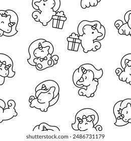 Cute kawaii little unicorn. Seamless pattern. Coloring Page. Fairy tale cartoon happy pony characters. Hand drawn style. Vector drawing. Design ornaments.