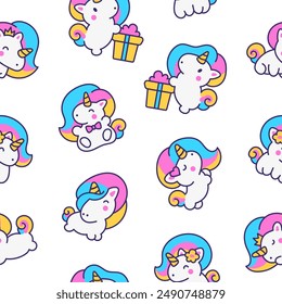 Cute kawaii little unicorn. Seamless pattern. Fairy tale cartoon happy pony characters. Hand drawn style. Vector drawing. Design ornaments.