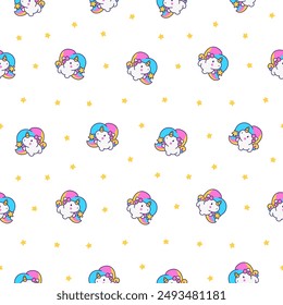 Cute kawaii little unicorn. Seamless pattern. Fairy tale cartoon happy pony characters. Hand drawn style. Vector drawing. Design ornaments.