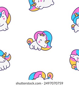 Cute kawaii little unicorn. Seamless pattern. Fairy tale cartoon happy pony characters. Hand drawn style. Vector drawing. Design ornaments.