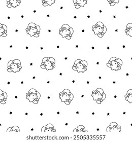 Cute kawaii little unicorn. Seamless pattern. Coloring Page. Fairy tale cartoon happy pony characters. Hand drawn style. Vector drawing. Design ornaments.