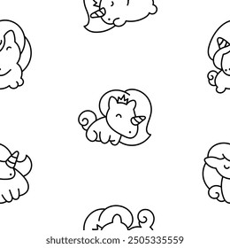 Cute kawaii little unicorn. Seamless pattern. Coloring Page. Fairy tale cartoon happy pony characters. Hand drawn style. Vector drawing. Design ornaments.