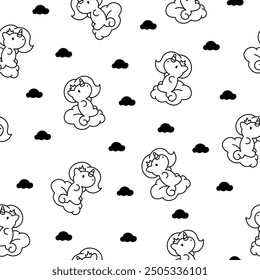 Cute kawaii little unicorn. Seamless pattern. Coloring Page. Fairy tale cartoon happy pony characters. Hand drawn style. Vector drawing. Design ornaments.