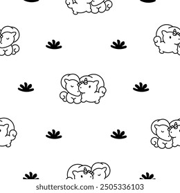 Cute kawaii little unicorn. Seamless pattern. Coloring Page. Fairy tale cartoon happy pony characters. Hand drawn style. Vector drawing. Design ornaments.